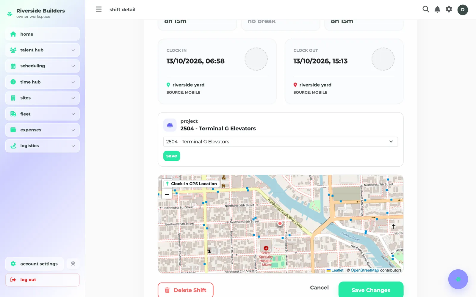 a timecard: clock in and out, geofence verified, the job it was booked to, and the gps location on a map