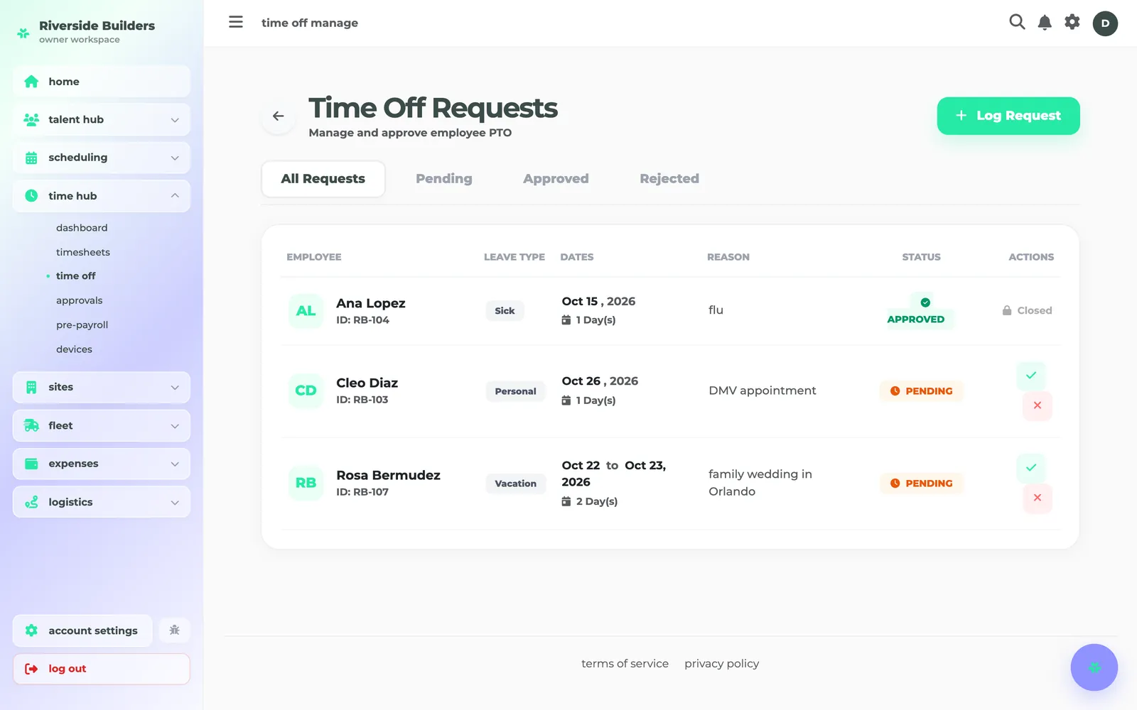 time off requests: pending and approved, approve or reject in a tap